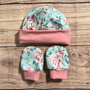 Floral On Mint Newborn Hat & Mitten Set
