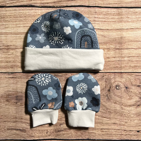 Scandi Garden Blue Newborn Hat & Mitten Set
