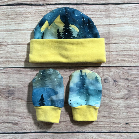 Mustard Navy Mountains Newborn Hat & Mitten Set