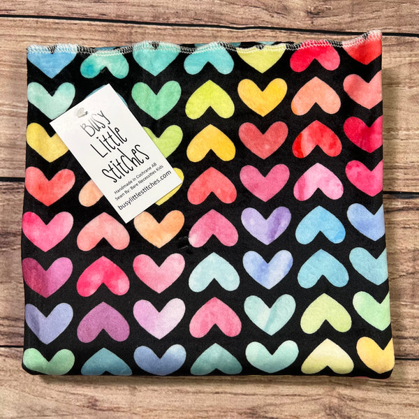 Watercolour Rainbow Hearts on Black Toddler Blanket