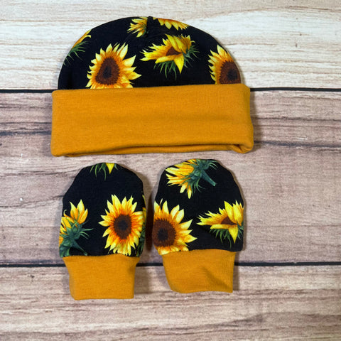 Sunflowers Newborn Hat & Mitten Set