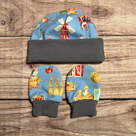 Farm Life Blue Newborn Hat & Mitten Set