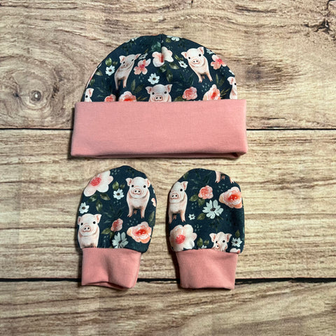 Floral Piggies Newborn Hat & Mitten Set