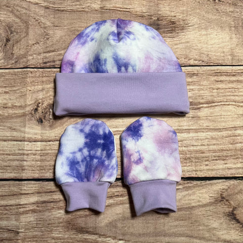 Tie Dye Purple Newborn Hat & Mitten Set