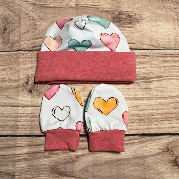 Hearts Pink Newborn Hat & Mitten Set
