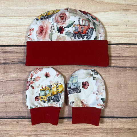 Floral Painted Trucks Newborn Hat & Mitten Set