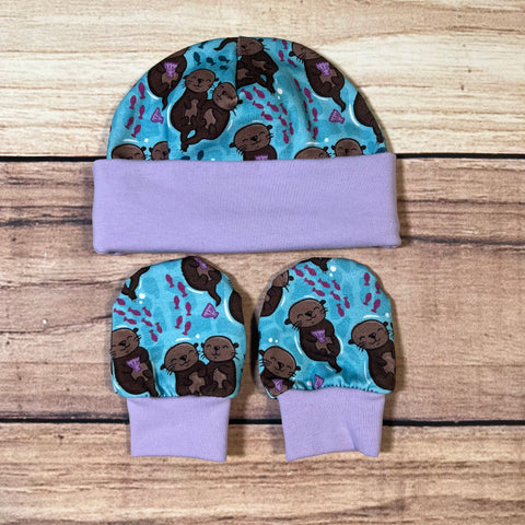 Sea Otter Float Newborn Hat & Mitten Set