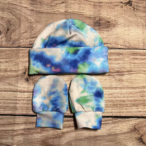 Tie Dye Blue Newborn Hat & Mitten Set