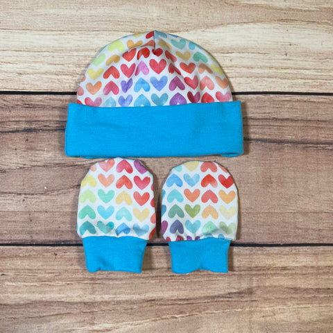 Watercolour Rainbow Hearts Blue Newborn Hat & Mitten Set