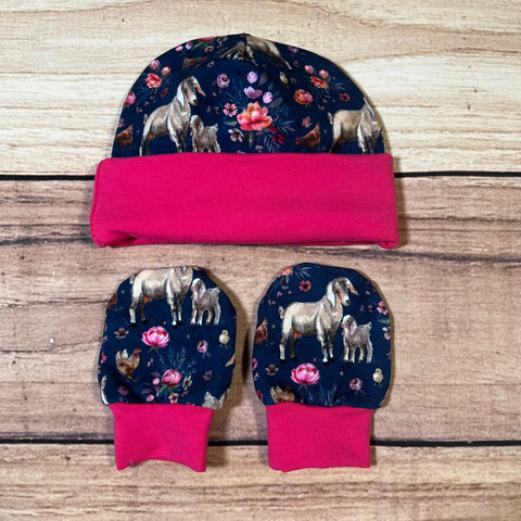 Floral Goats on Navy Newborn Hat & Mitten Set