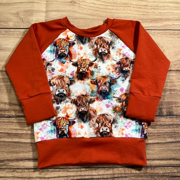 3-6 Year Highland Cow Heads Watercolour Rust Grow With Me Sweater