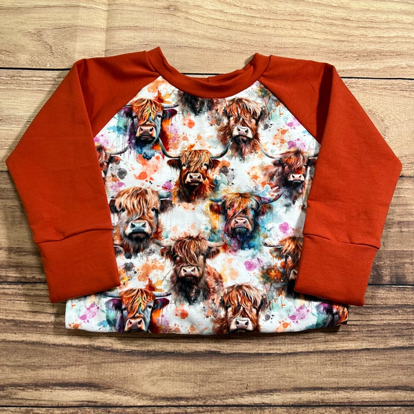 3-6 Year Highland Cow Heads Watercolour Rust Grow With Me Sweater