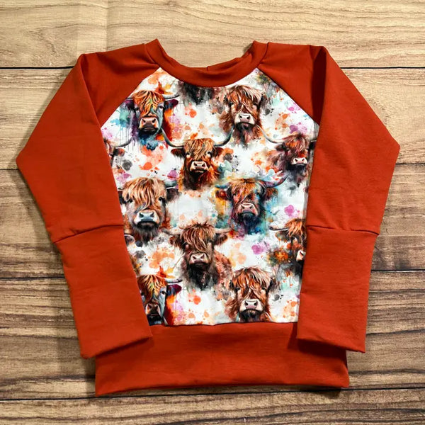 3-6 Year Highland Cow Heads Watercolour Rust Grow With Me Sweater