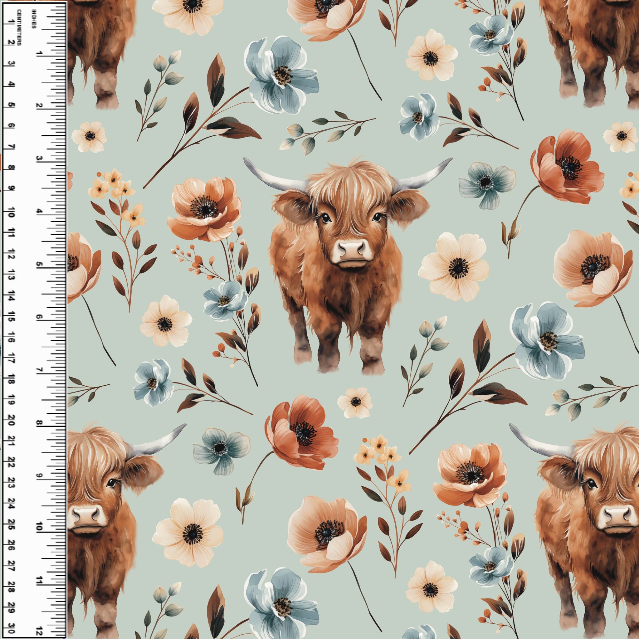 Highland Cow Watercolour Floral Sage Toddler Blanket