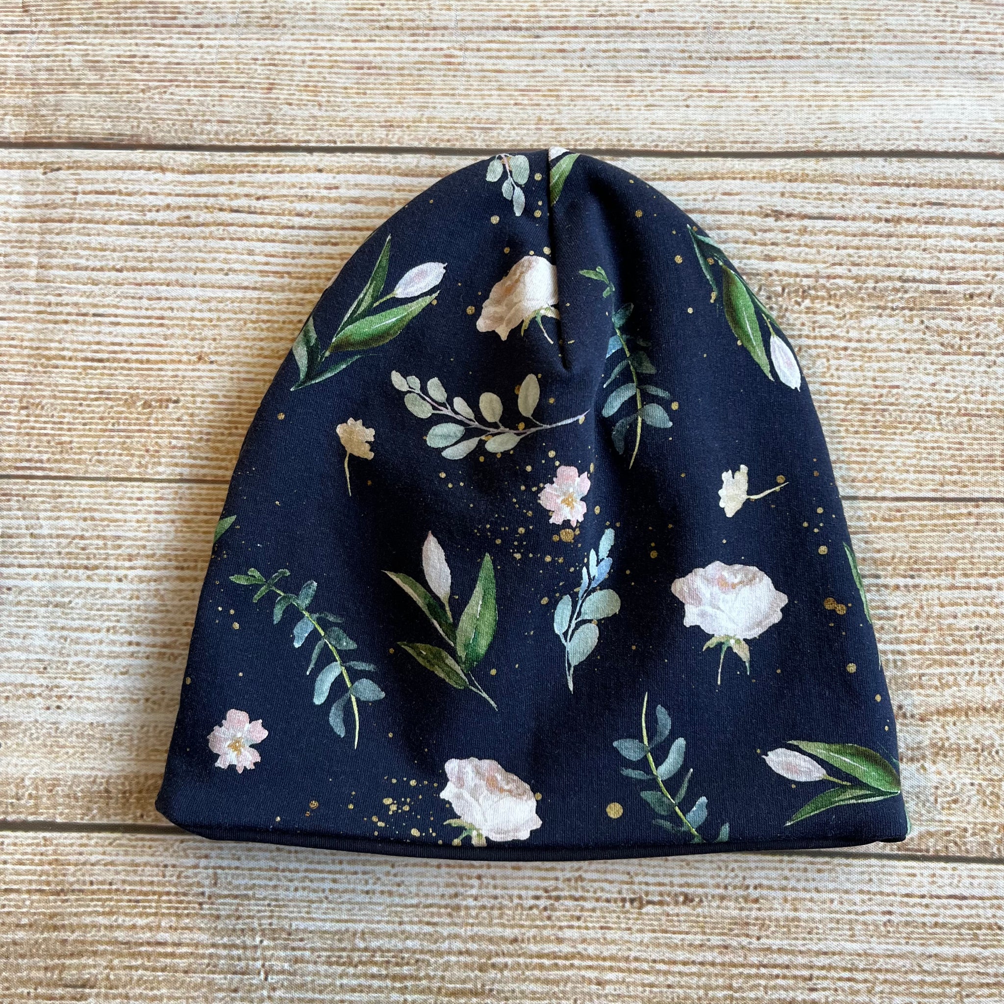 1-3 Year Beanie Navy Gold Floral Toss