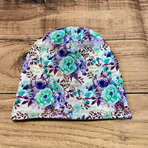 3+ Adult Small Beanie Lavender Teal Floral