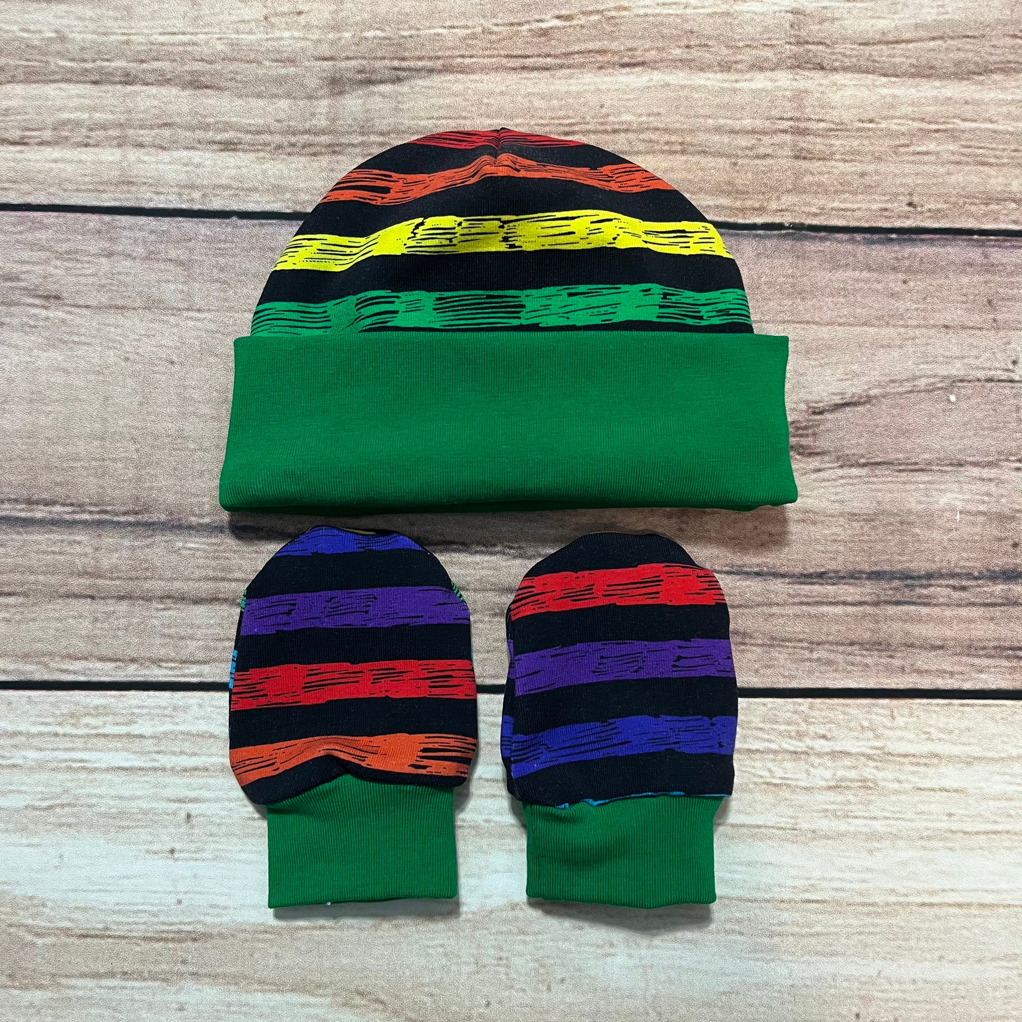 Sketchy Rainbow Stripes Newborn Hat & Mitten Set