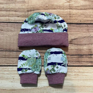 Succulent Stripe Purple Newborn Hat & Mitten Set