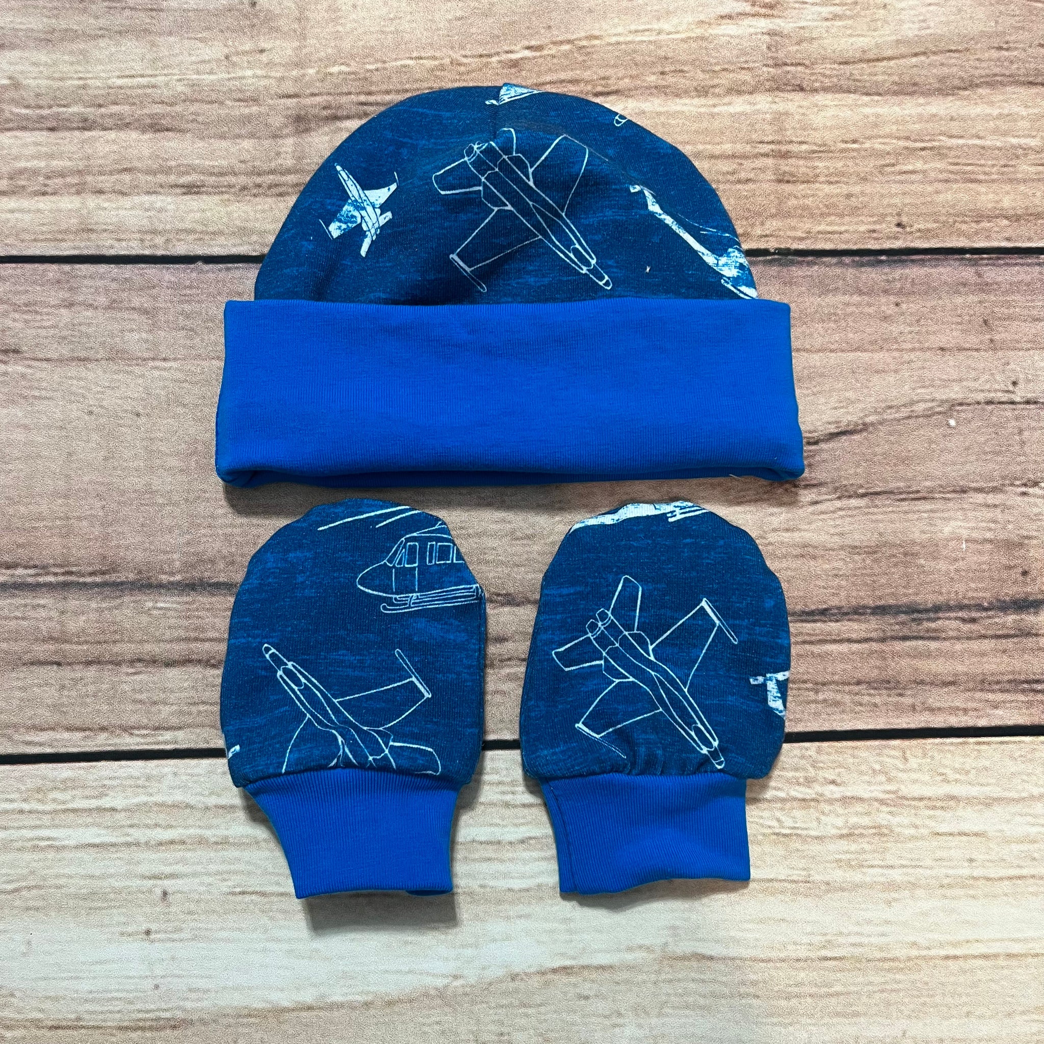 Fighter Planes Blue Newborn Hat & Mitten Set