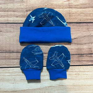 Fighter Planes Blue Newborn Hat & Mitten Set